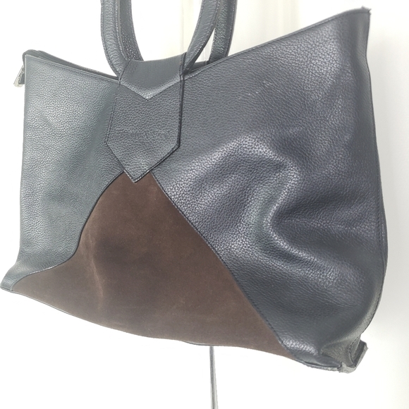 Tiffany & Fred Paris black pebbled leather brown suede handbag - Picture 2 of 10